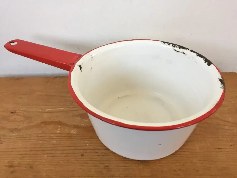 Vintage Antique White Red Metal Enamelware Primitive Small Sauce Pot Pan 7